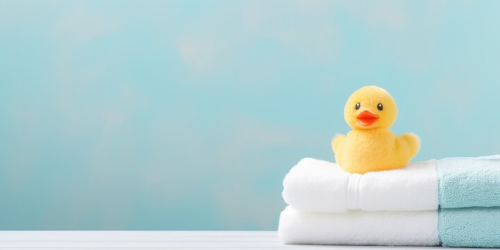 Cute rubber duck next to the soft towels in the bathroom interior