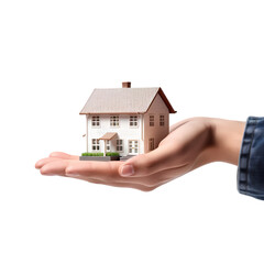 Hand holding miniature house isolated on transparent background