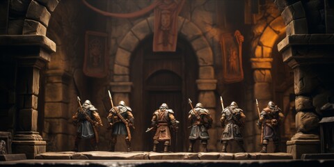  Back View of a Group of Armed Miniature Plastic Figures, Heroes Stand Before a Wooden Evil Dungeon Door, Dungeon & Dragons, Let the Dungeon Raid Begin - obrazy, fototapety, plakaty