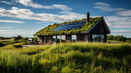 Eco-Friendly House with Green Roof and Solar Panels. An eco-friendly wooden house cottage featuring a lush green roof and solar panels set in a serene natural landscape