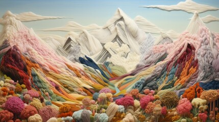 Colorful Yarn Landscape with Knitted Trees and Rivers. DIY handmade vibrant and textured yarn...