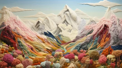 Foto auf Leinwand Colorful Yarn Landscape with Knitted Trees and Rivers. DIY handmade vibrant and textured yarn threads landscape with knitted trees, flowing rivers and mountains. © irissca