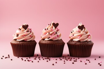 Chocolate cupcake with pink frosting decorated with the hearts - Powered by Adobe