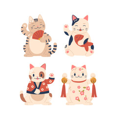 Maneki Neko Lucky Cats Beckon With Raised Paws, Adorned In Vibrant Colors And A Beckoning Expression