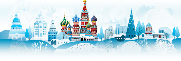 Vibrant Babushka dolls, frosty winter blues & the iconic Saint Basil's Cathedral adorn this folk art-styled skyline of a Russian city. - obrazy, fototapety, plakaty