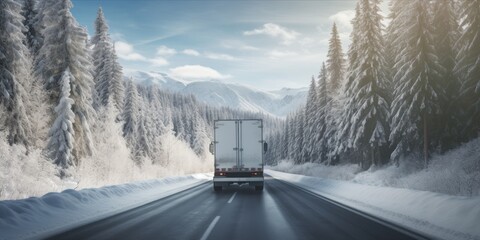 White Truck on a Snow-Covered Road Leading to the Enchanting Mountain Forest in the Winter Wonderland