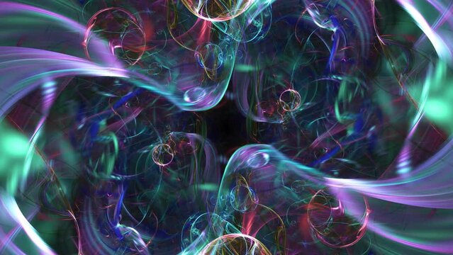 Mystical background containing colorful vibes, round waves, circles, bubbles transforming. Coruscating spheres, iridescent fluids revolving, enlarging, combining, spreading on black. 4K UHD 4096x2304