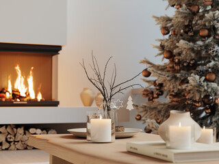 3D illustration. Holiday Table Setting with Christmas Tree and Fireplace  - 694546951