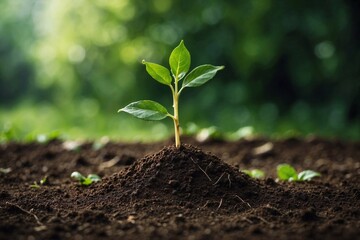 Plant in soil on blurred green background. Growing seedling in ground. Planting and gargering concept.  - obrazy, fototapety, plakaty