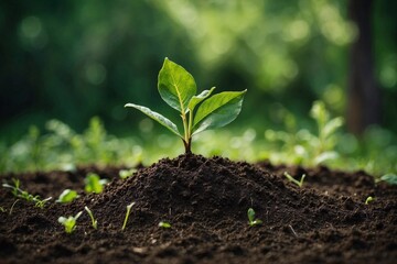 Young plant in soil on blurred nature background. Growing seedling in ground. Planting concept. Gargering and botany. Environment protection