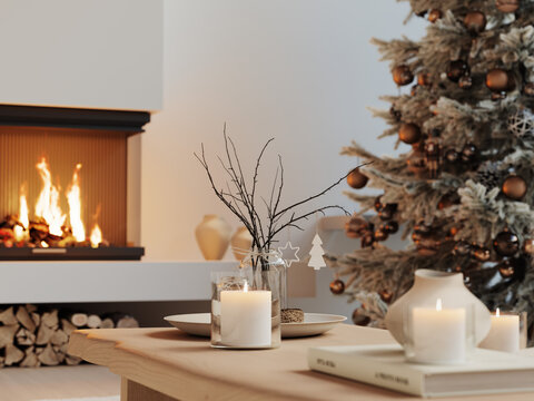 3D illustration. Holiday Table Setting with Christmas Tree and Fireplace 