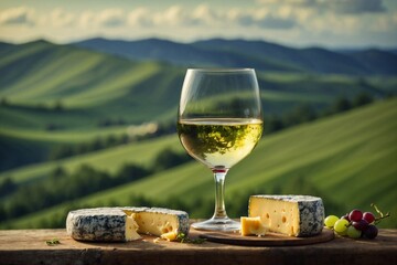 Fototapeta premium Glass of wine and cheese on green hills landscape. Space for text. Wooden table. Copy space for advertising banner. Board for food. Alpine nature.