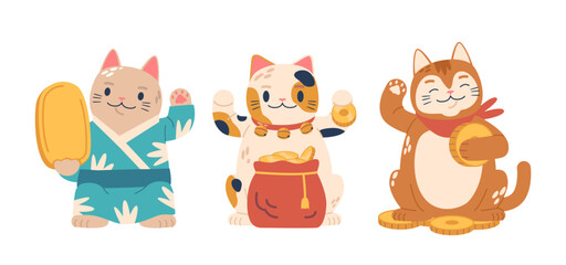 Maneki Neko Lucky Cats, Japanese Figurines With An Upright Paws Symbolizing Good Fortune. Its Beckoning Gesture