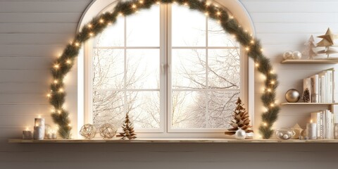 Christmas home decor on a wooden shelf in a Scandinavian room with wreath and garland