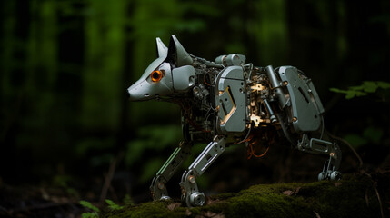 Fototapeta premium A polished titanium fox robot prowls silently through a moonlit forest, its thermal cameras detecting the warmth of a nearby rabbit burrow.