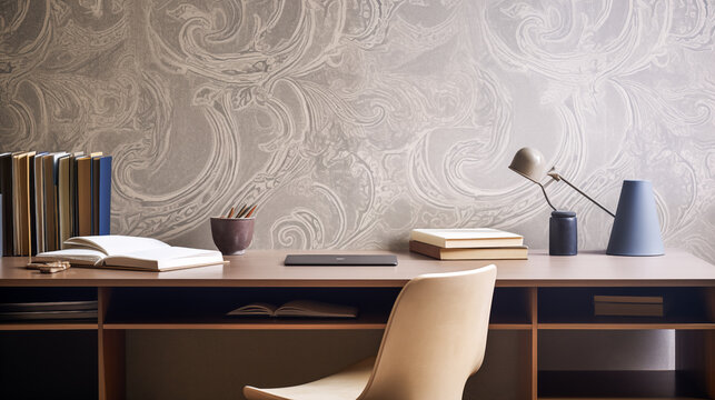 A minimalist home office with modern paisley-patterned wallpaper that breaks traditional home decor conventions.