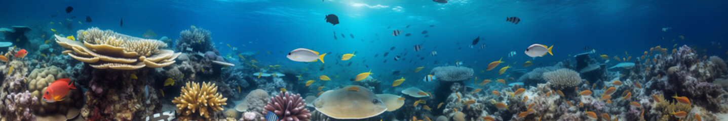 Vibrant and expansive underwater coral reef panorama featuring a variety of marine life, including...
