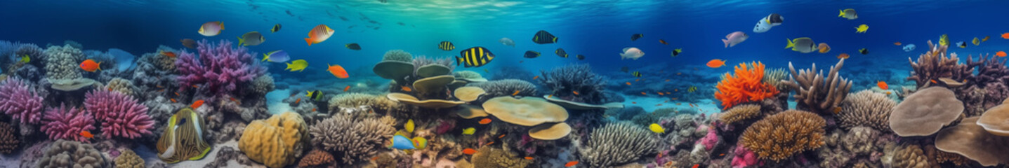 Vibrant and expansive underwater coral reef panorama featuring a variety of marine life, including fish, turtles, sharks, creating a colorful and dynamic banner background. - obrazy, fototapety, plakaty