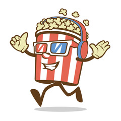 Pop Corn Mascot Design with Happy and Thumb Up Hands, headset and Wear Movie Glasses