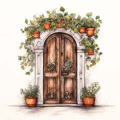 Fototapeta na wymiar Whimsical Watercolor Illustration of a Door: Hand-Drawn Greeting Card Design