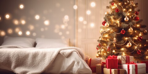 Christmas-themed bedroom with a adorned tree, bokeh lights, and no one present.