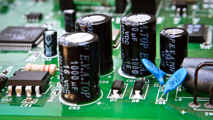 electronic board with capacitors and various microelements. microcircuit.