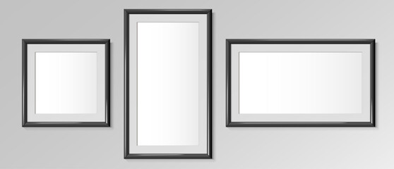 Realistic Black horizontal and square frames. For an image or photo. Posters on wall. Frames Design Template for Mockup. Vector illustration