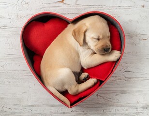 Puppy labrador sleeping in a heart shaped box, shot from above