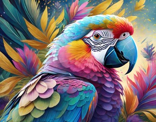 A parrot with flower feathers, bright, close up shot, illustration,