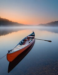 Canoe on a calm lake at sunrise, tranquil, peaceful, soft morning light