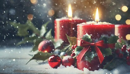 Beautiful holiday decorated red candles with a holiday bow and holly