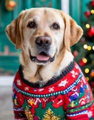 happy Labrador dressed in a retro colorful christmas sweater