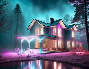 house, fog, photo, a multicoloured light show, in the style of gauzy atmospheric landscapes