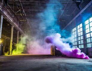 inside empty huge abandoned warehouse, clouds of bright colourful blue purple pink yellow smoke
