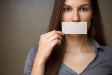 Mute woman carrying a message on mouth cardboard