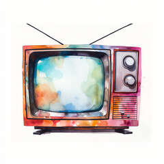 Watercolor Illustration of Television with Vibrant Hues and Delicate Brushstrokes