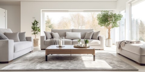 Bright living room with comfy grey sofas and coffee table on plush carpet.