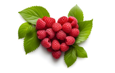 raspberry berry heart shape with leaves isolated on white background top view
