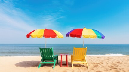 Two empty seats under a multicolored rainbow umbrella stand on a sandy beach against the background of beautiful blue sea