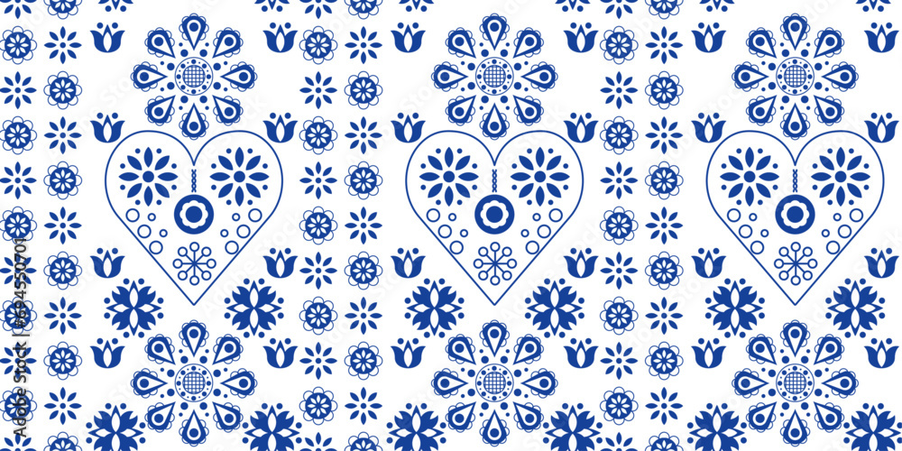 Aufkleber scandinavian folk pattern. floral pattern in navy blue. hearts vector design wallpaper. scandinavian
