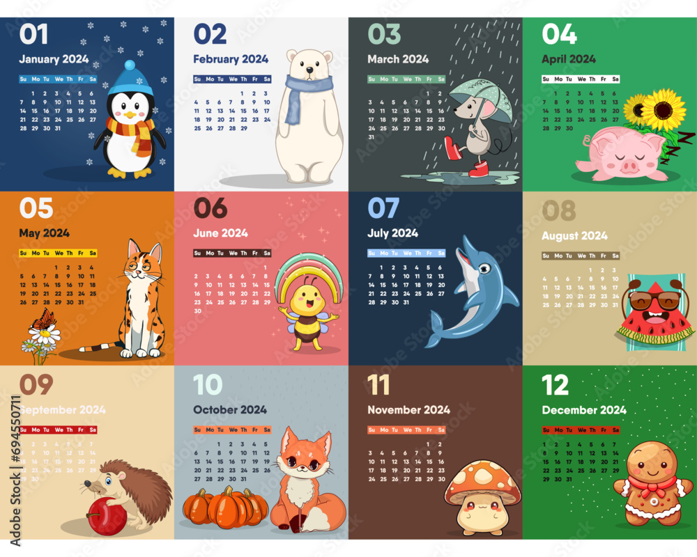 Leinwandbilder a set of 12 funny and funny characters, and 12 calendar pages for 2024. set selection with a monthly