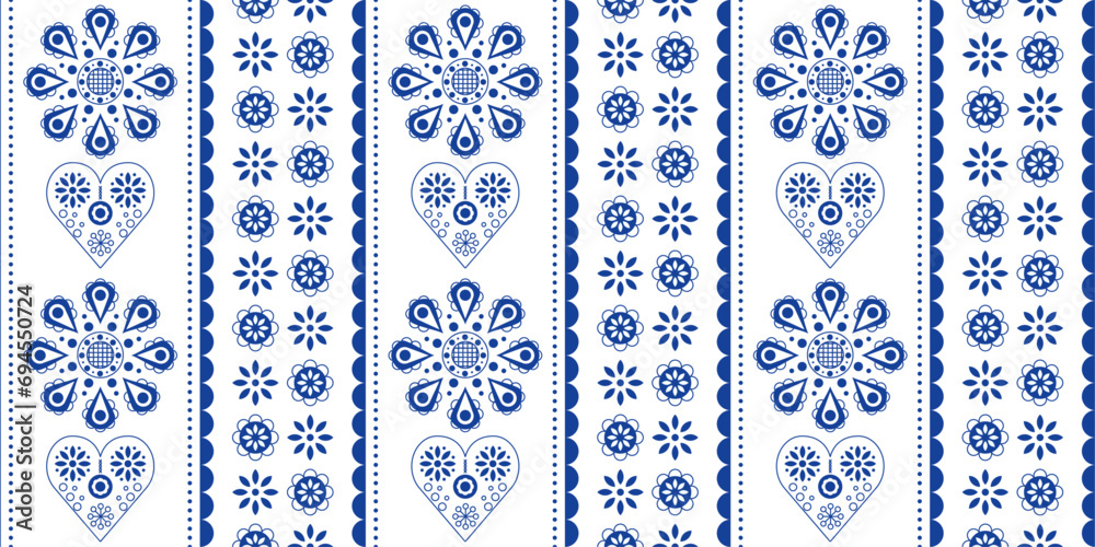 Poster scandinavian folk pattern. floral pattern in navy blue. heart vector design wallpaper.