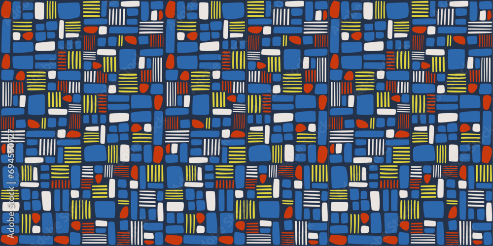 Poster Small cubes and thin sticks. Vector seamless construction pattern wallpaper. Abstract blocks and sticks creating a composition like a brick wall.