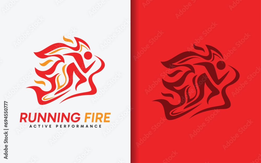 Poster running fire logo design. abstract fire combined with people who are doing running activities design