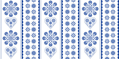 Scandinavian folk pattern. Floral pattern in navy blue. Heart vector design wallpaper. - obrazy, fototapety, plakaty