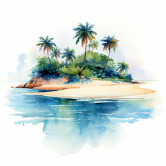 Fototapeta na wymiar Island Oasis: Captivating Watercolor Painting with Delicate Brushstrokes and Vibrant Hues