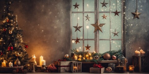 Vintage Christmas composition in living room with festive decorations, window, tree, candles,...