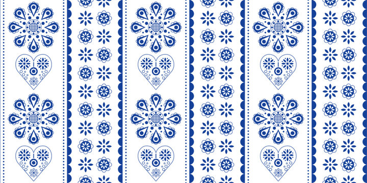Fototapeta Scandinavian folk pattern. Floral pattern in navy blue. Heart vector design wallpaper.