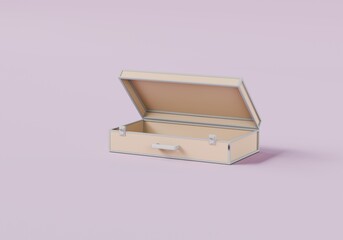 3D One open brown suitcase travel Tourism plane trip planning world tour on pink pastel background, leisure touring holiday summer concept. Minimal anime cartoon luggage. 3d render illustration