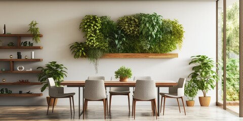 Contemporary dining room adorned with indoor plants.